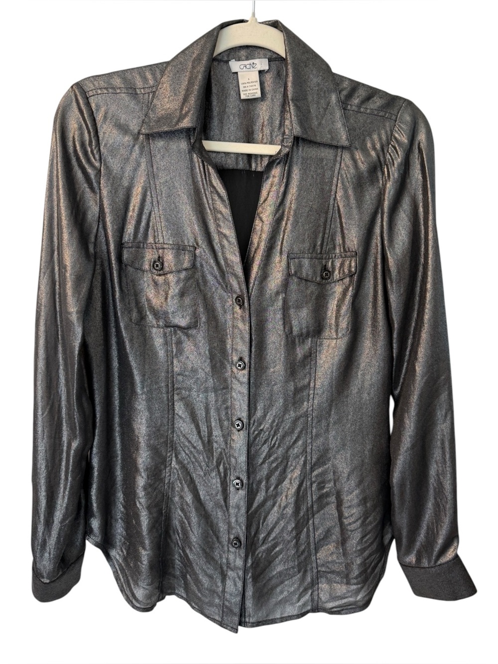 Cache Vintage Y2K Gunmetal Liquid Silver Button Down Shirt Small Mint Condition